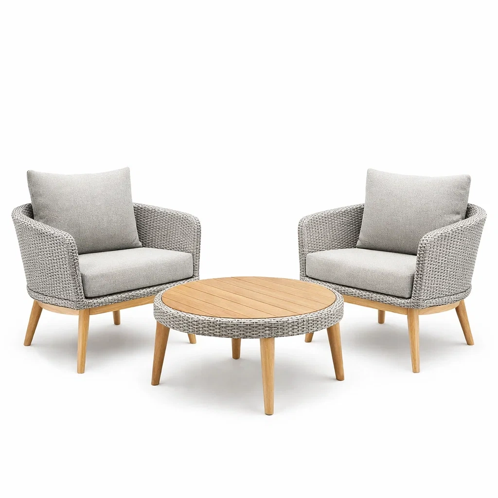 Loungeset 3 teilig aus Aluminium und Polyethylen mit Teakholz-roombira