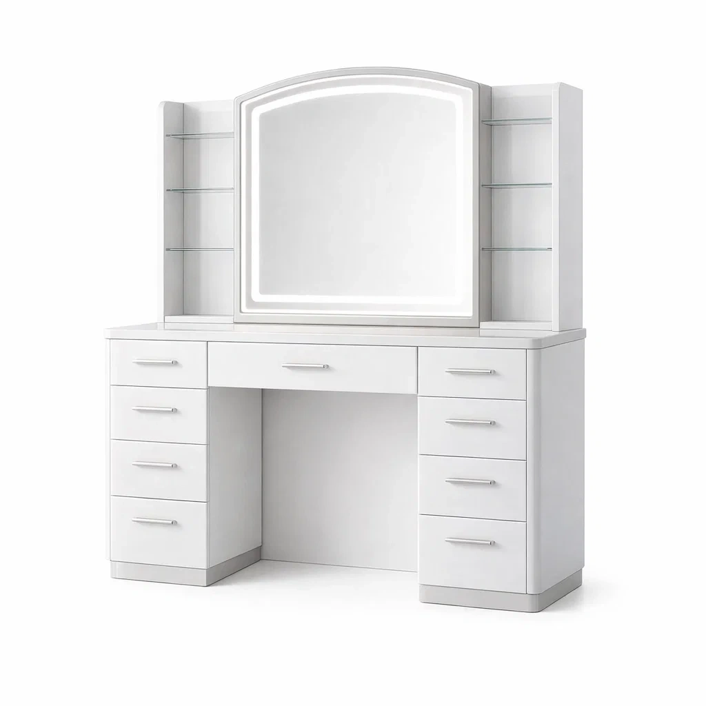 Schminktisch mit LED Spiegel und Glasregalen Weiß MDF-roombira