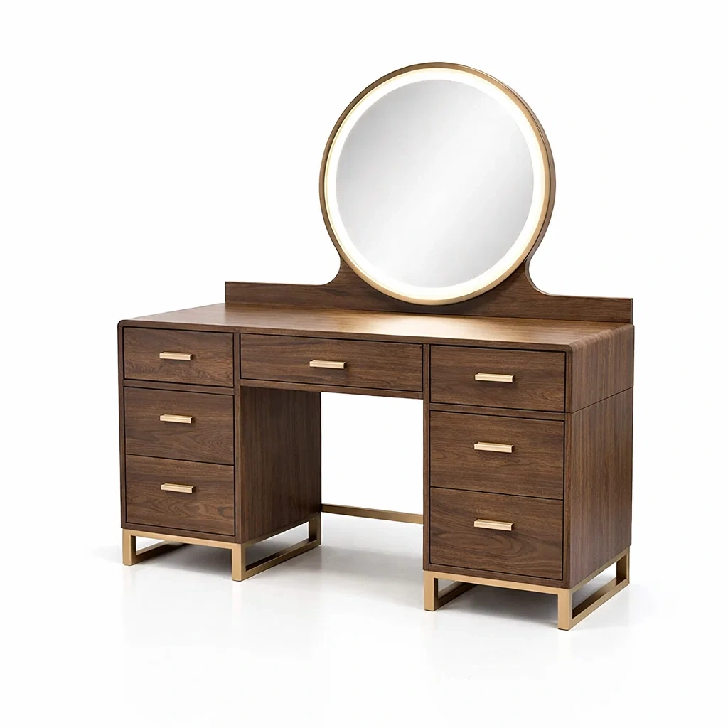 Schminktisch aus Walnussholz mit rundem LED Spiegel-roombira