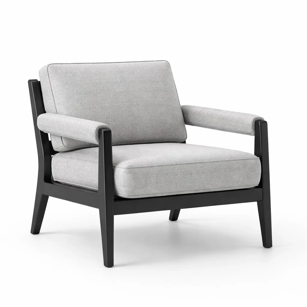 Sessel mit Holzrahmen und grauem Stoffbezug-roombira