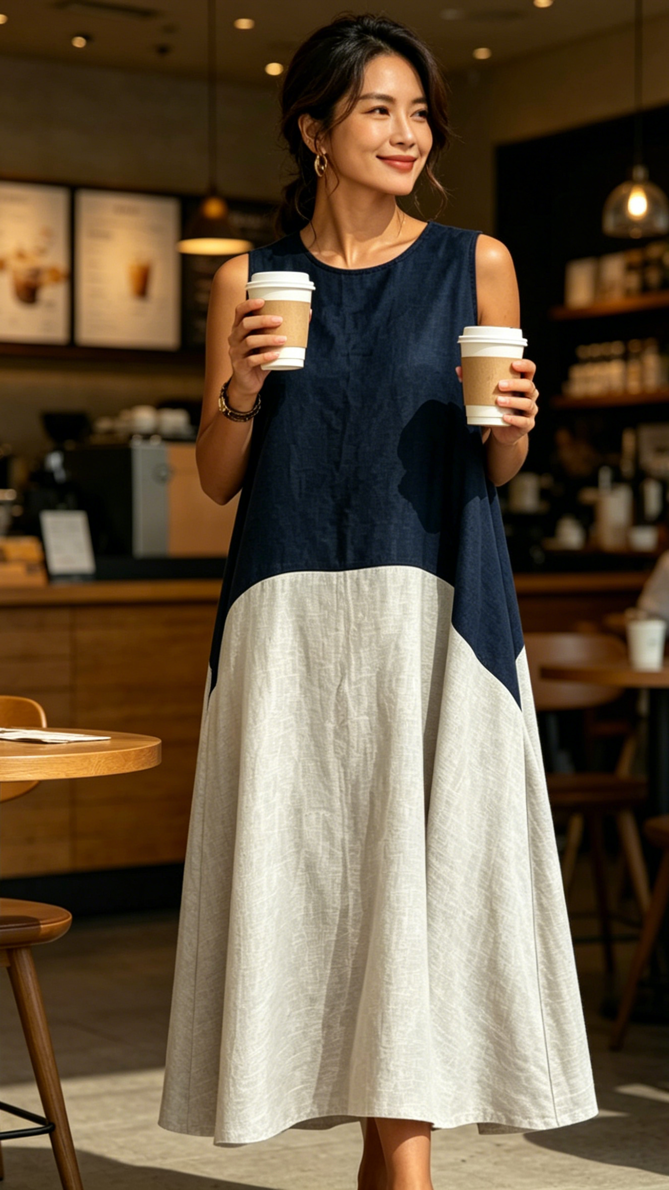 Women's Round-Neck, Color-Block, Loose-Fit, Longline Cotton-Linen A-Line Sundress