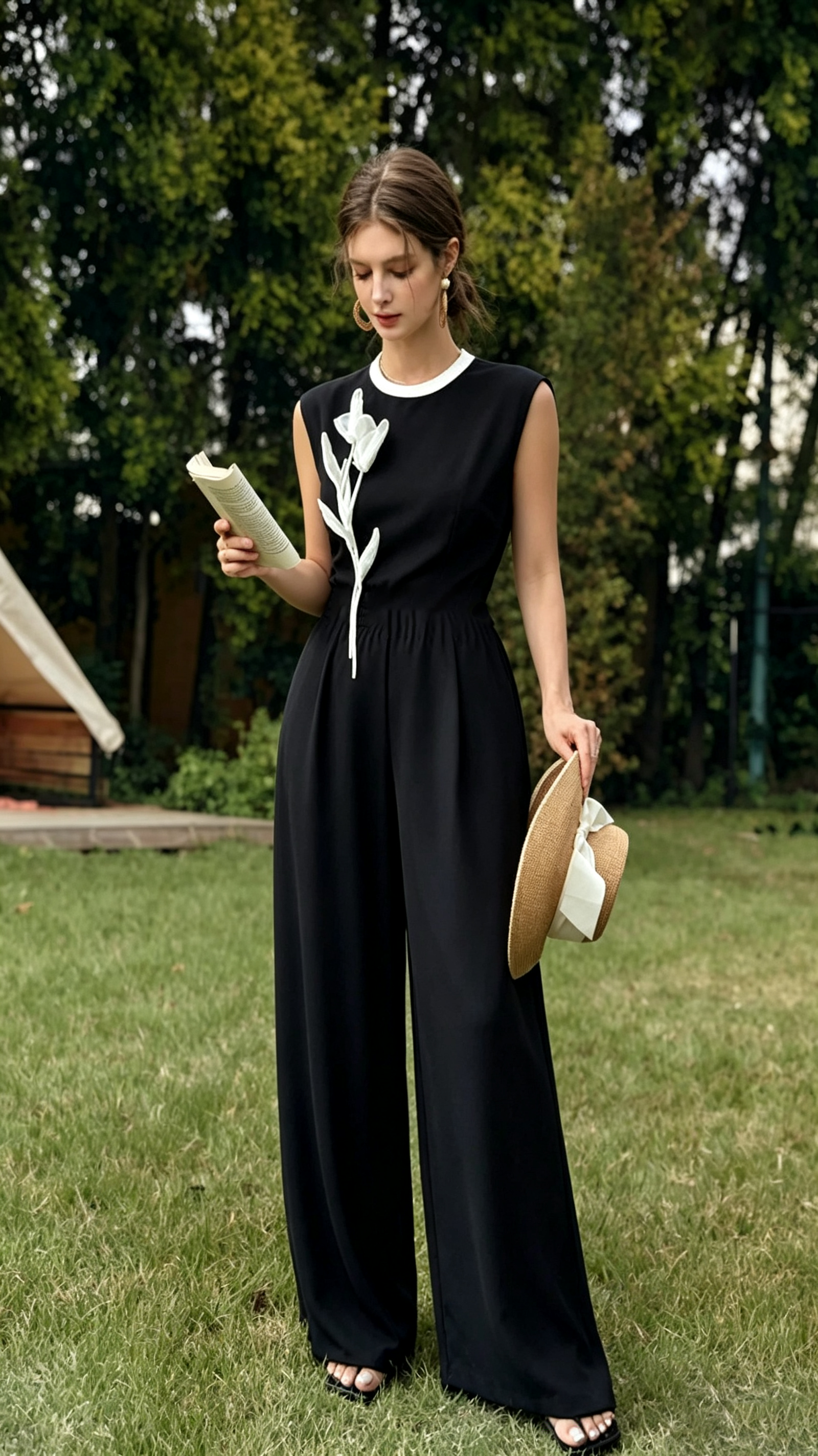 Women's Elegant Embroidered Round Neck Sleeveless Wide Leg Jumpsuit