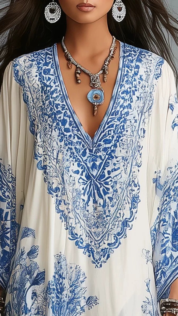 Women Bohemian Floral Print Loose Fit Holiday Casual Shirt Dress