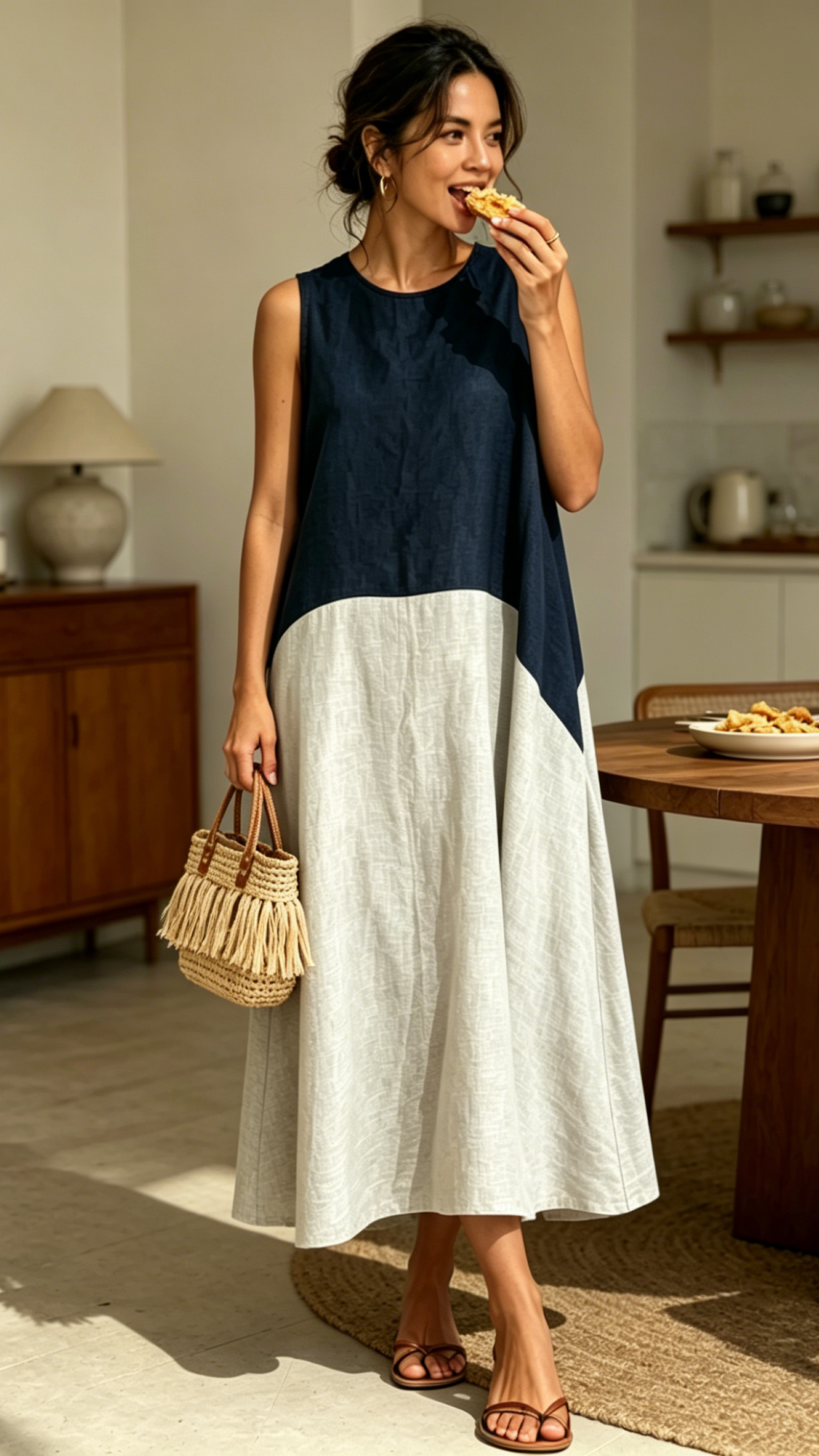 Women's Round-Neck, Color-Block, Loose-Fit, Longline Cotton-Linen A-Line Sundress
