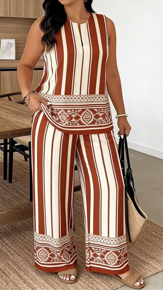 Women's Printed Casual Set with Round Neck and Side Slits