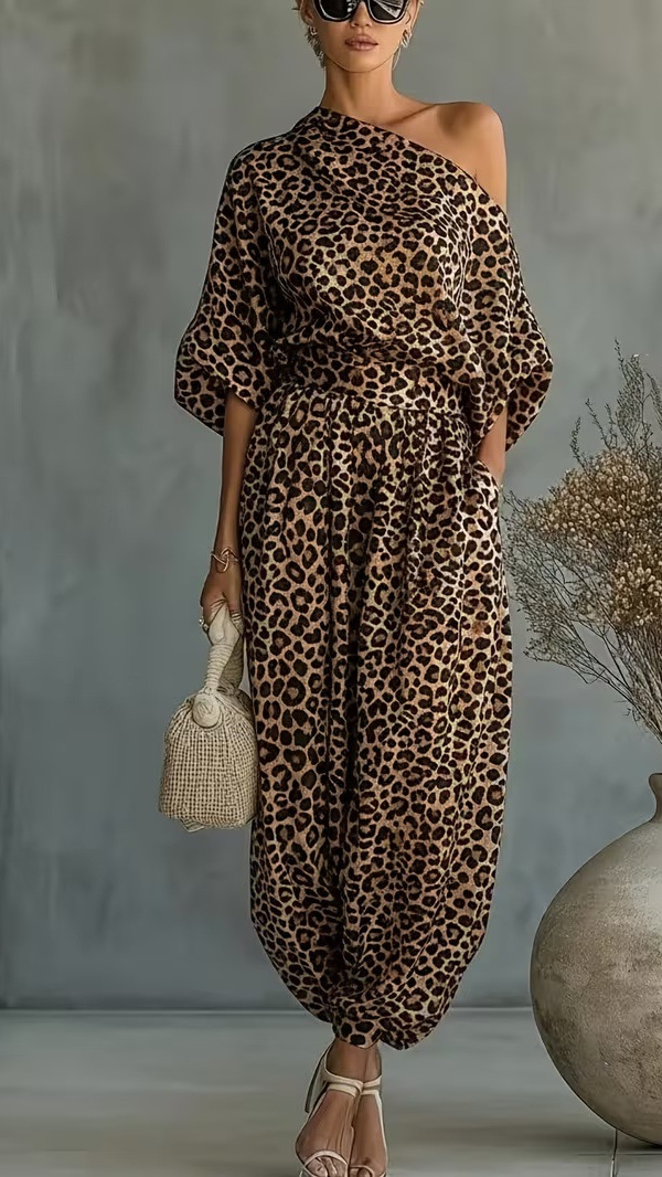 Women's Leopard Print Set: One-Shoulder Top and Harem Pants