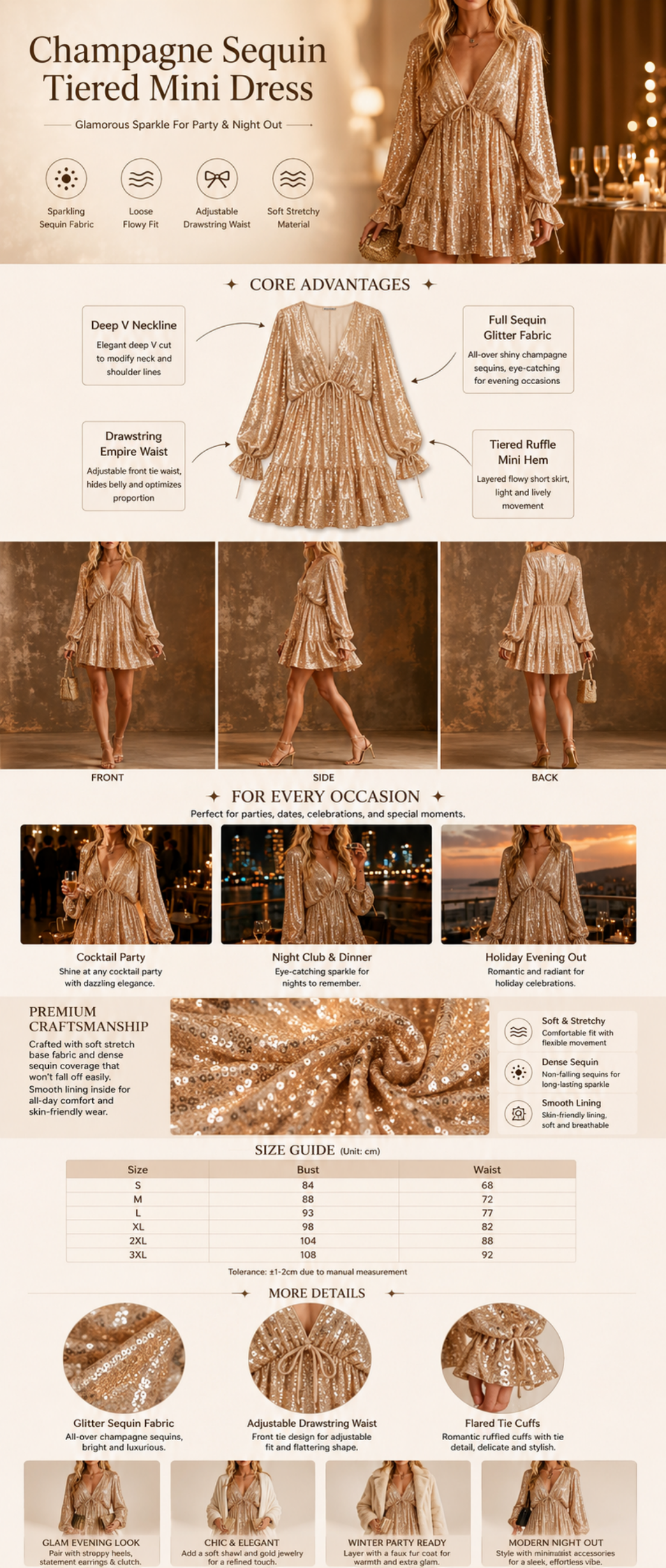 Women's Cotton-Blend Deep V-Neck Sequin Mini Dress for Party Events