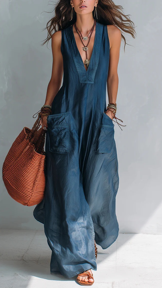 Women's cotton-linen solid color V-neck casual loose jumpsuit with large pockets