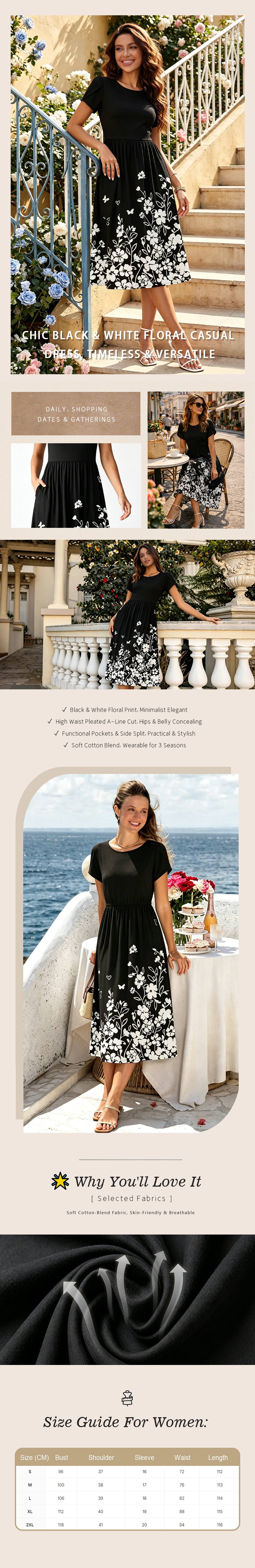Elegant Short-Sleeve Timeless Black & White Floral Midi Dress with Floral Pattern