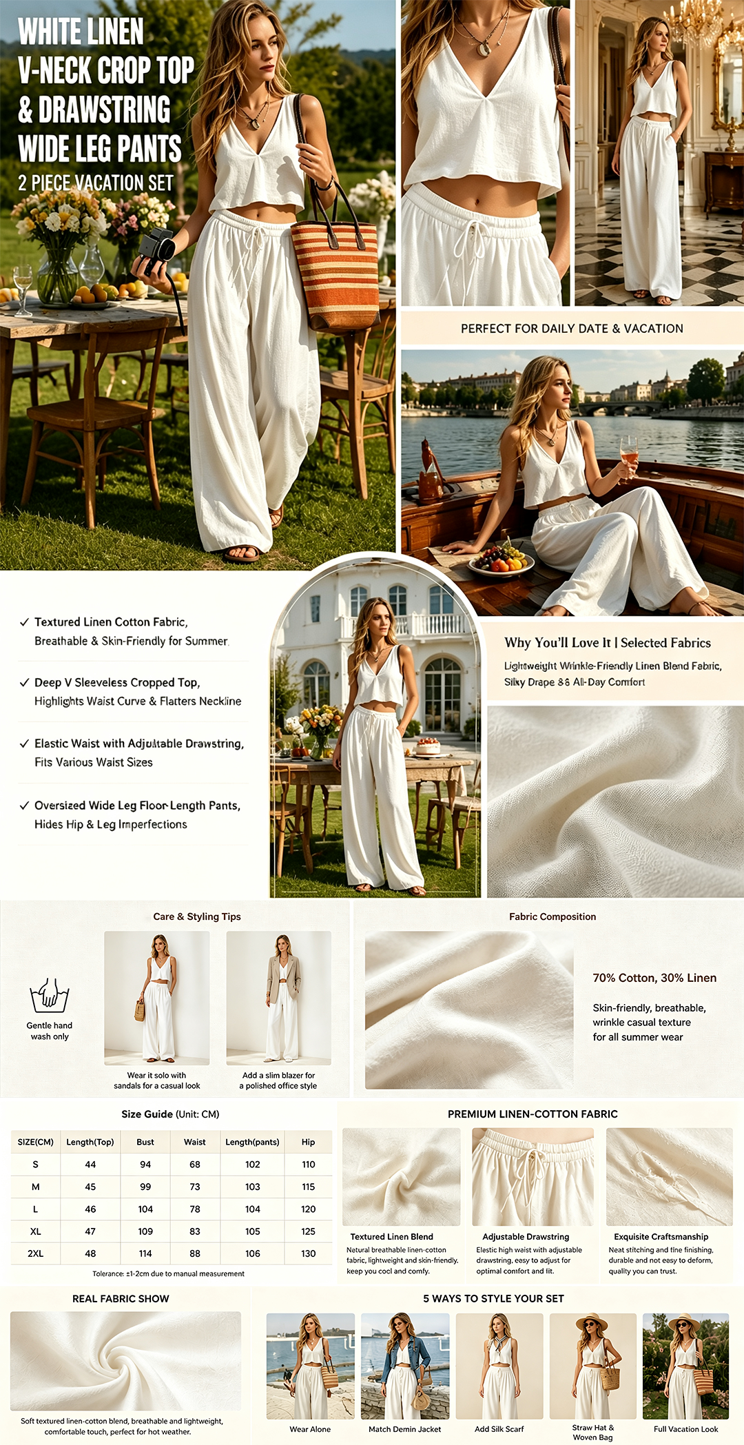Women Solid Color V-Neck Sleeveless Cami Top & Wide Leg Pants Casual Set