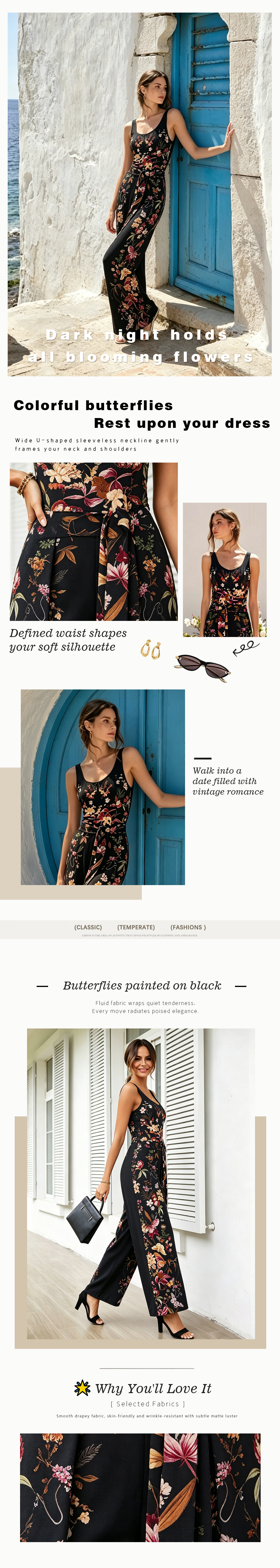 Midnight Flutter | Black Butterfly Print U-Neck Draped Jumpsuit