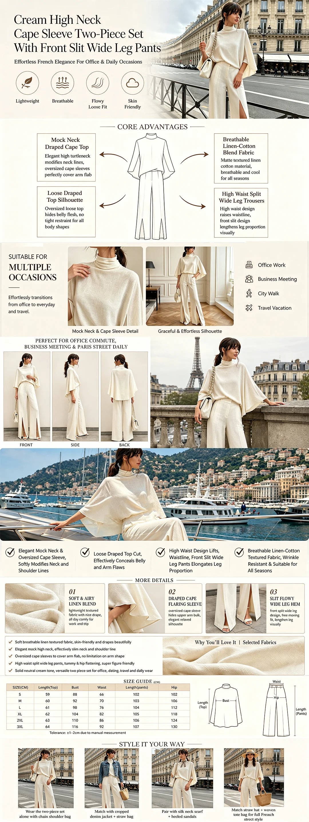 Elegant Mock Neck Cape Sleeve Two-Piece Set with Split Wide Leg Pants