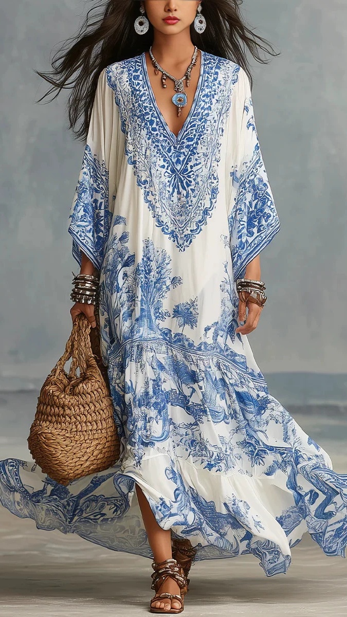 Women Bohemian Floral Print Loose Fit Holiday Casual Shirt Dress