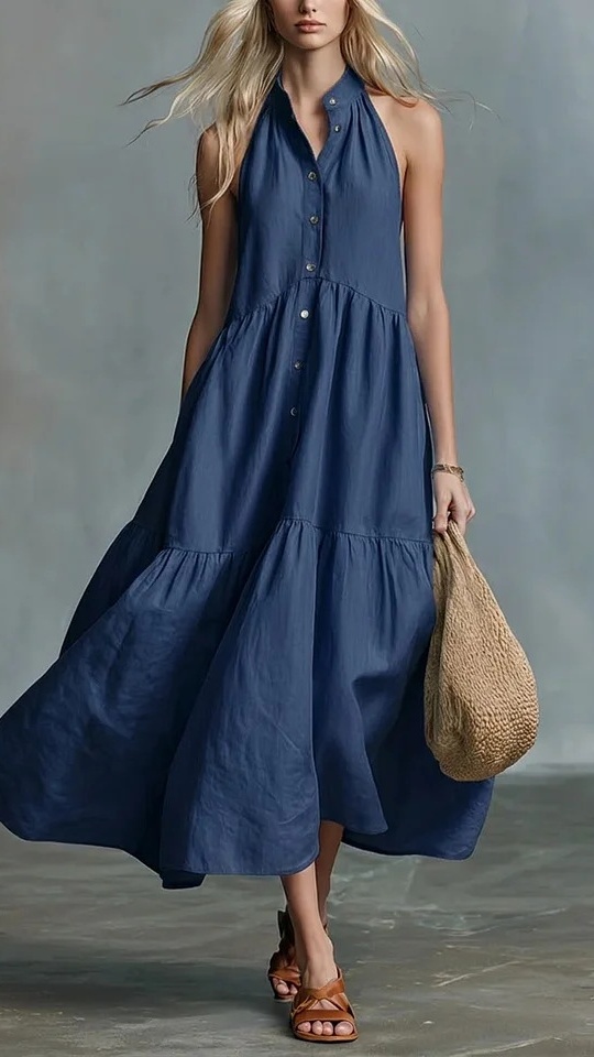 Women's Sleeveless Casual Loose Linen Button-Down Vest Dress