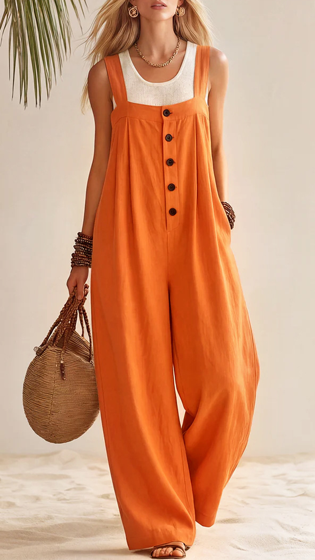 Women's Cotton‑blend Square‑neck Button‑Front Strap Wide‑leg Jumpsuit