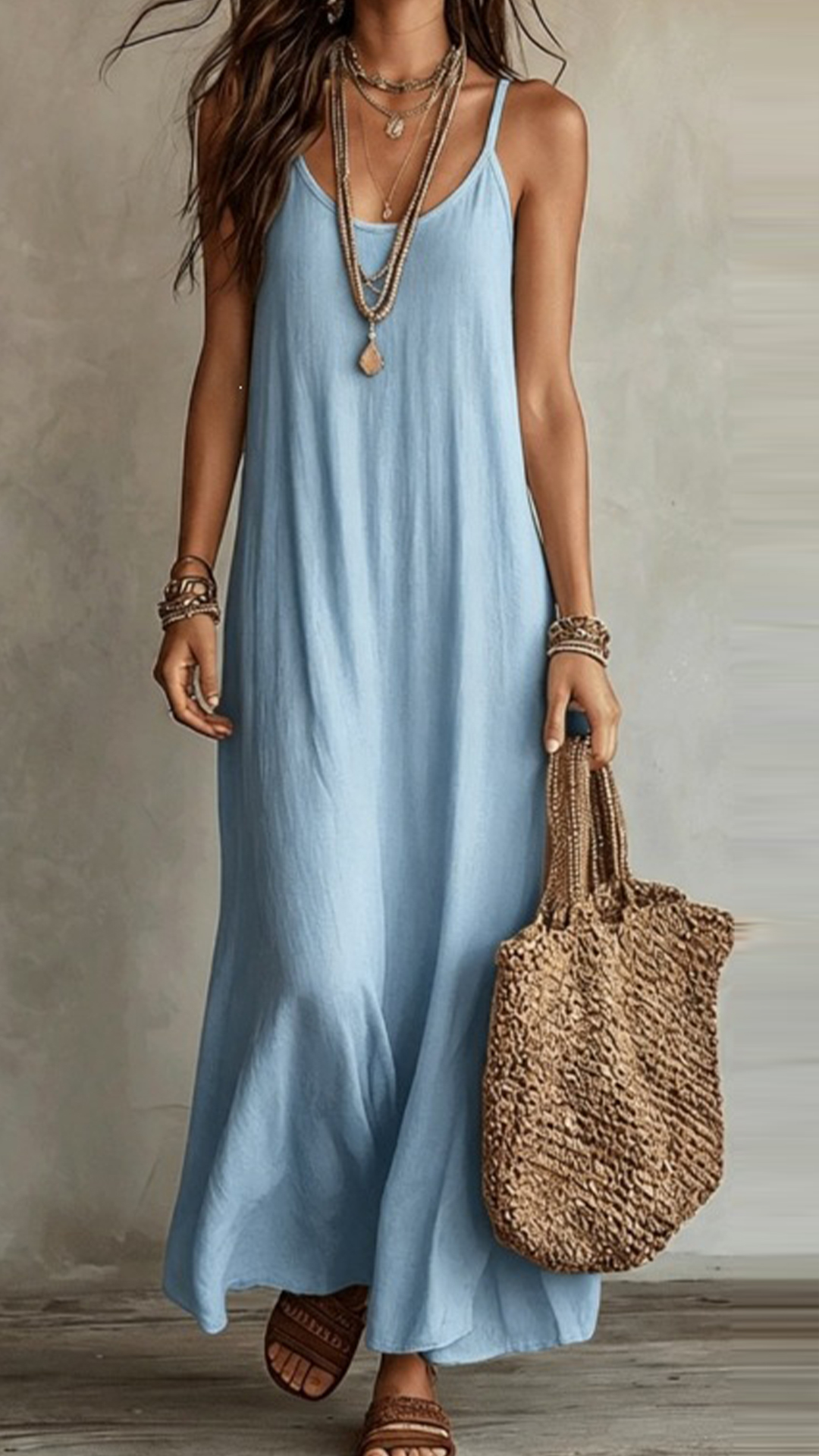 Women's Cotton‑blend Thin‑Strap U‑Neck Loose Maxi Dress