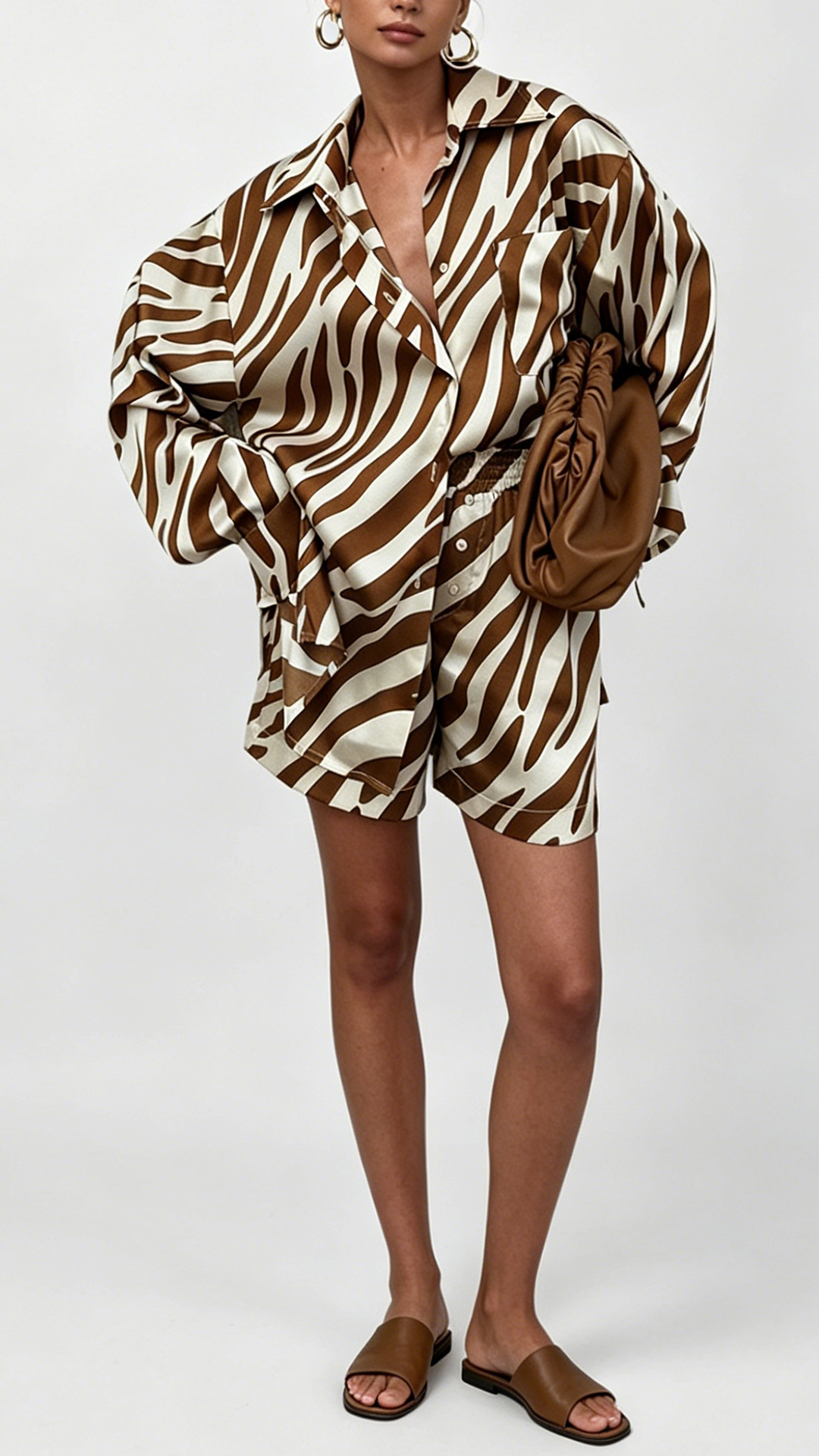 Women's Brown‑White Zebra‑Print Collared Shirt & Shorts Set