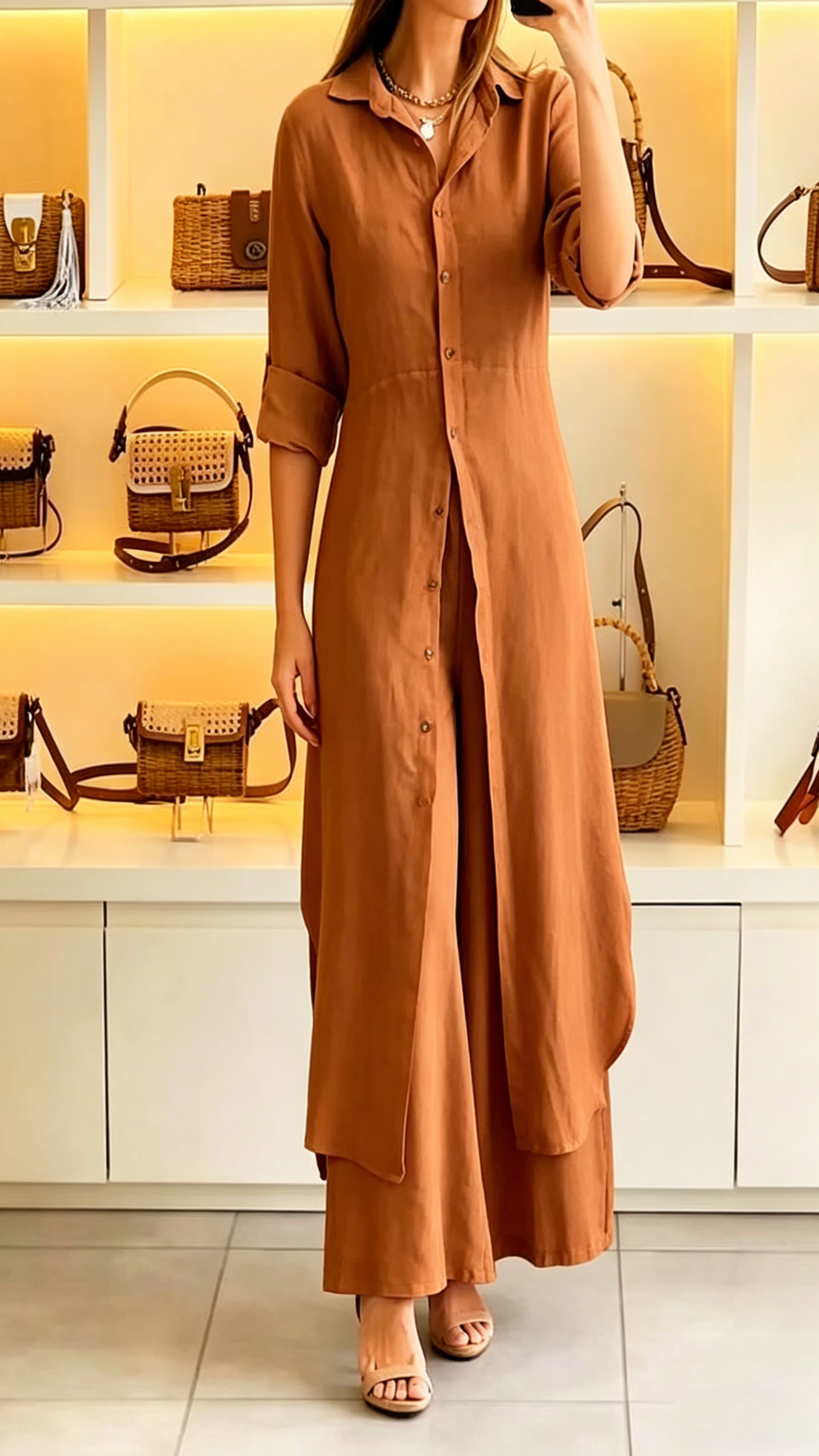 Women's Casual Two-Piece Set: Long Collared Top and Trousers