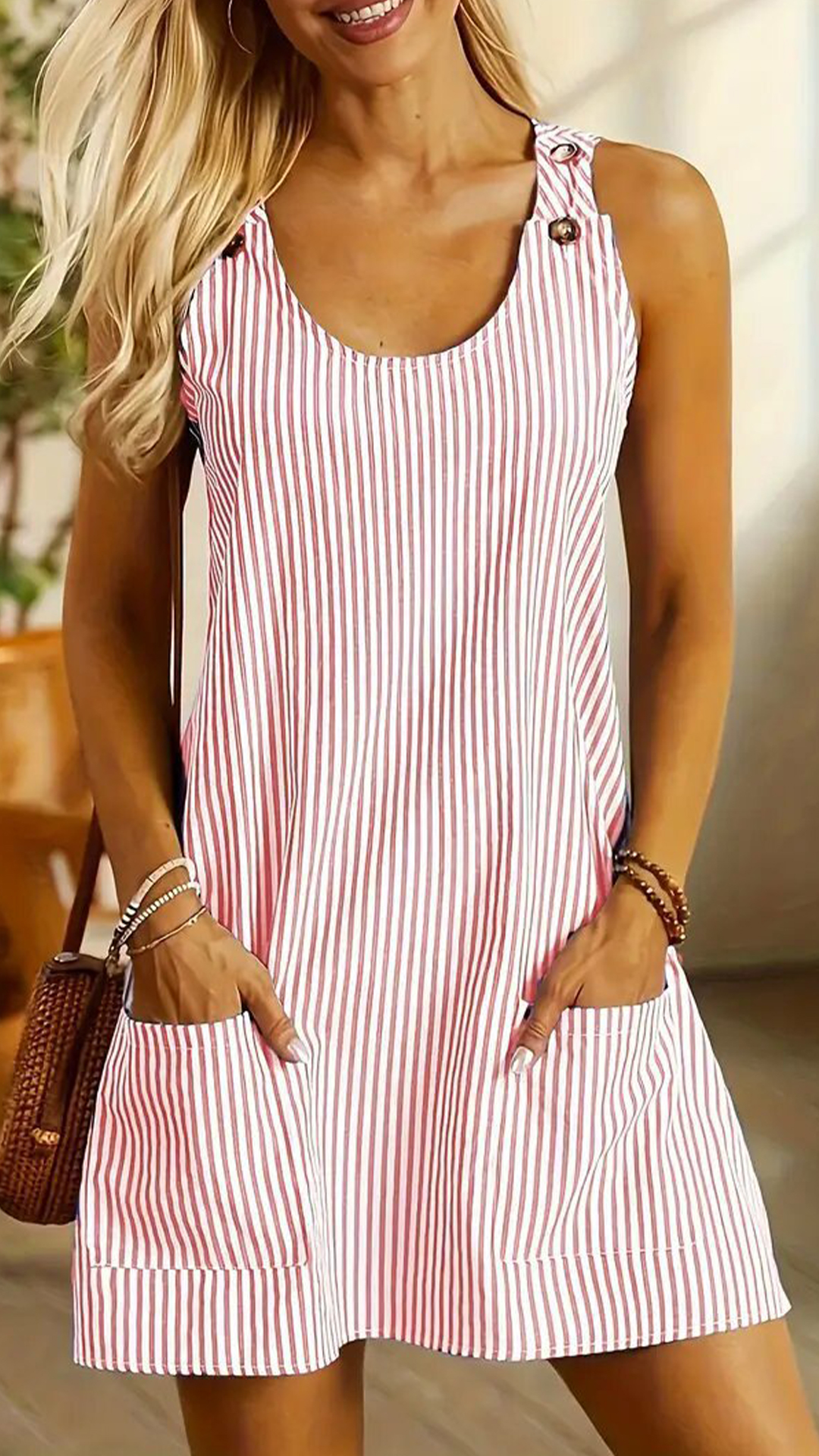 Women's Adjustable Strap Striped Loose Overall Mini Dress