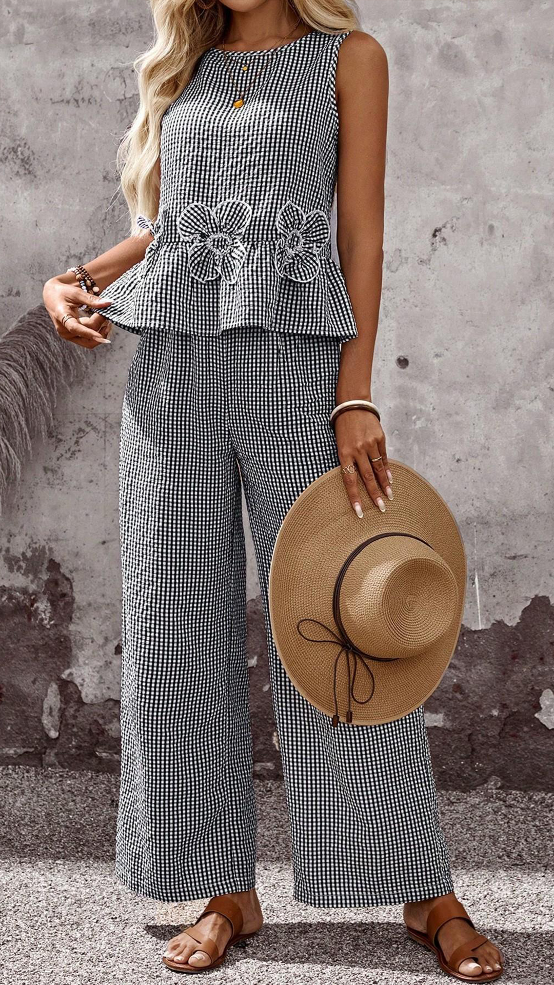 Women's Sleeveless Gingham Peplum Top & Wide Leg Pants Polyester Set