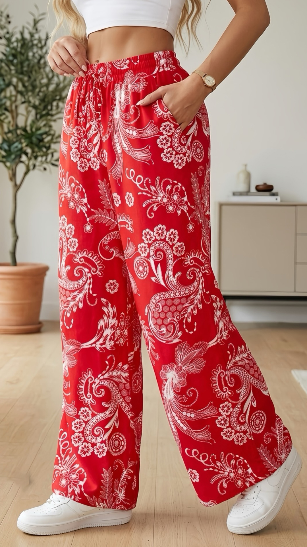 Women's  Elastic Waist Retro Print Loose Wide Leg Polyester Pants