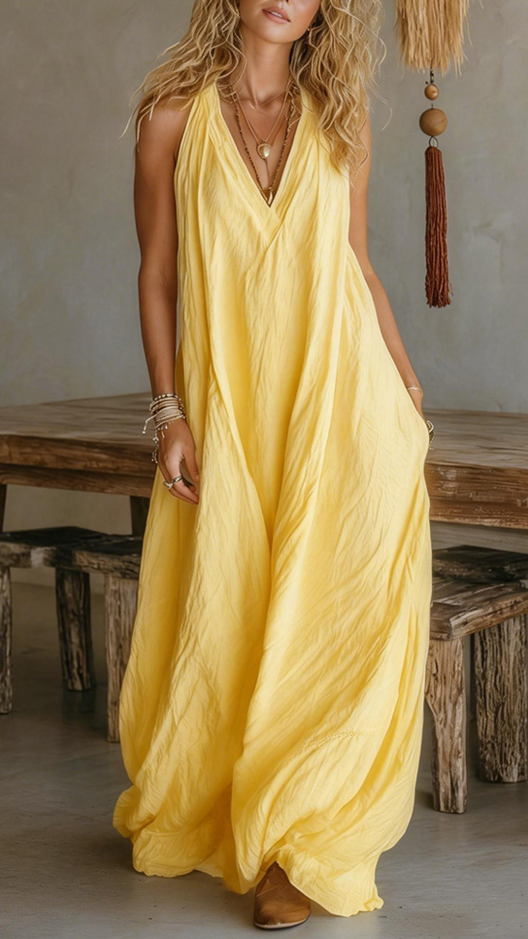 Women's Halter V-Neck Linen-Blend Maxi Dress