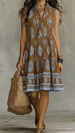 Bohemian-Style Printed Sleeveless Maxi Dress with Shirt Collar
