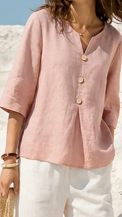 Women's Solid Color V-neck 3/4 Sleeve Casual Loose Cotton Linen Top
