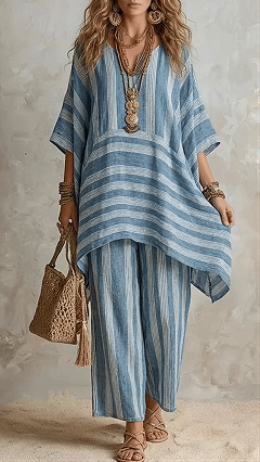 Casual Loose Striped Cotton And Linen Top And Pants Two-piece Set