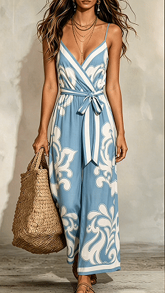 [Pre-sale] Women's Blue and White Floral Print V-Neck Suspender Wide-Leg Jumpsuit