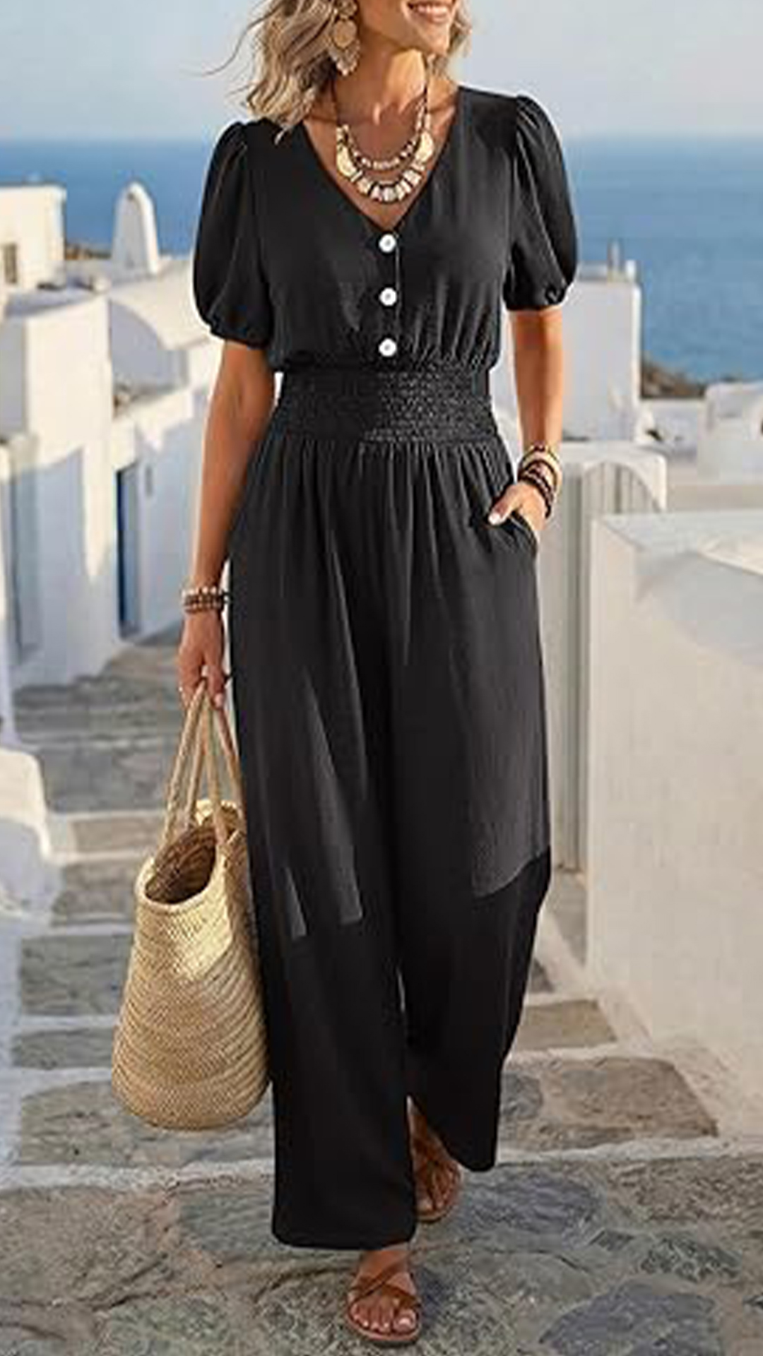 Women's V-Neck Jumpsuit with Puff Sleeves, Cinched Waist, and Wide Legs