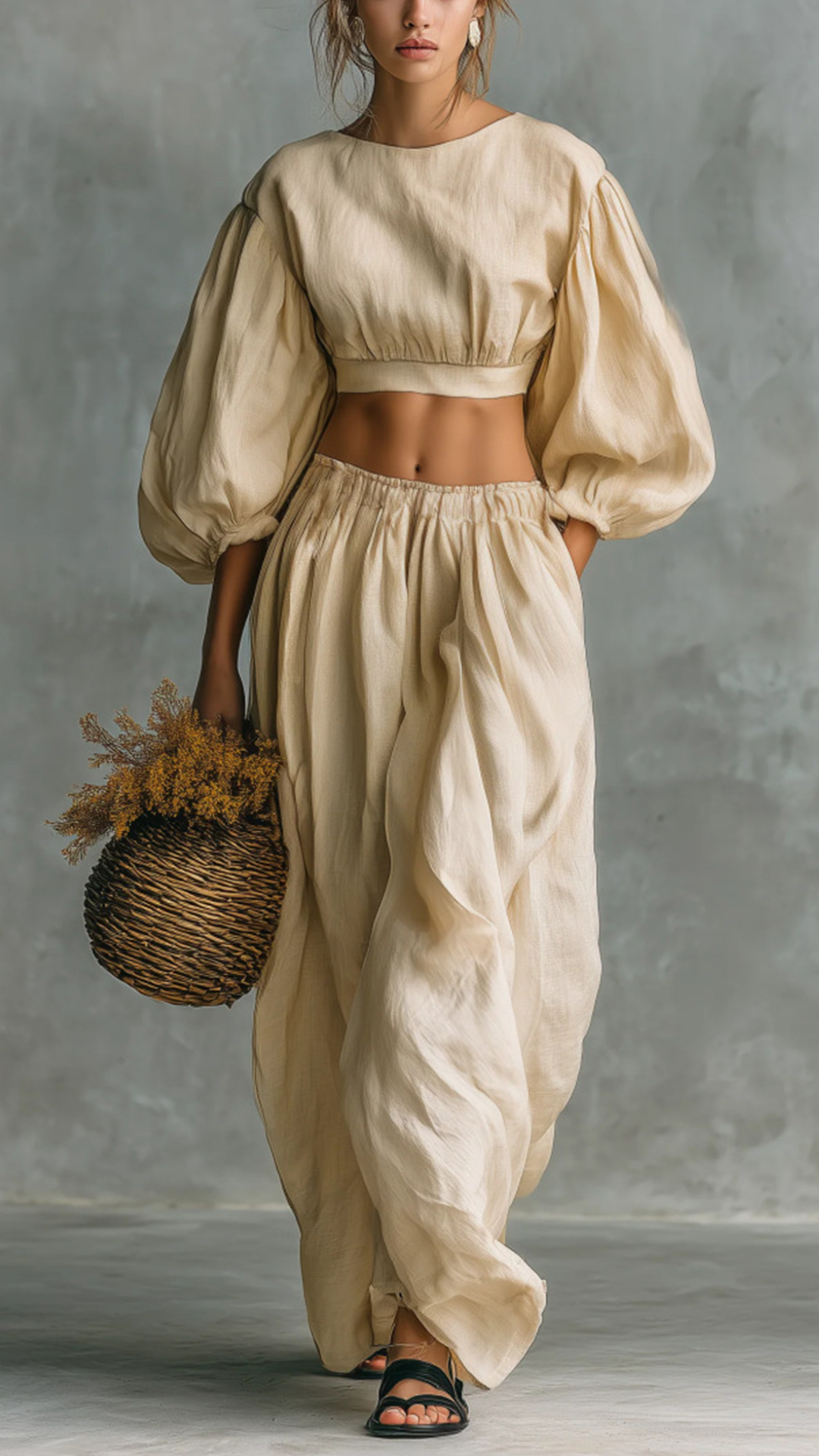 Women's Puff-Sleeve, Waist-Cinching, Wide-Leg Two-Piece Set