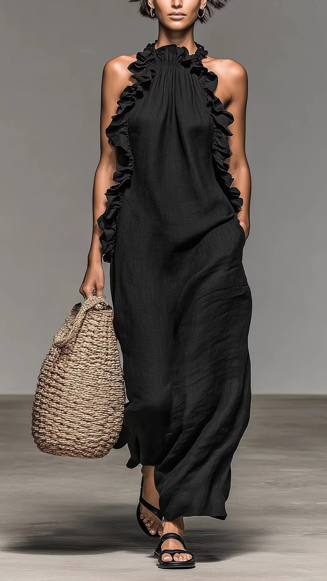 Women's Halter-Neck Ruffled Sleeveless Maxi Dress