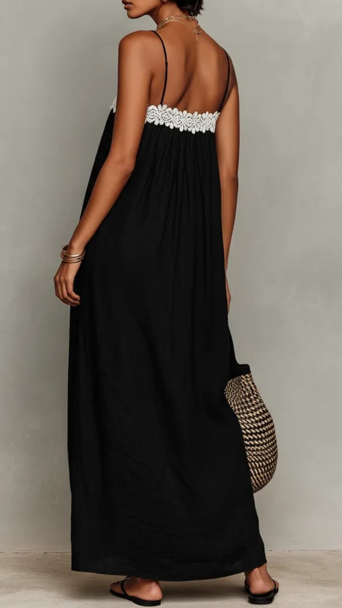 Women's Minimalist Linen-Blend Lace-Paneled Strapless With Spaghetti Straps Maxi Dress