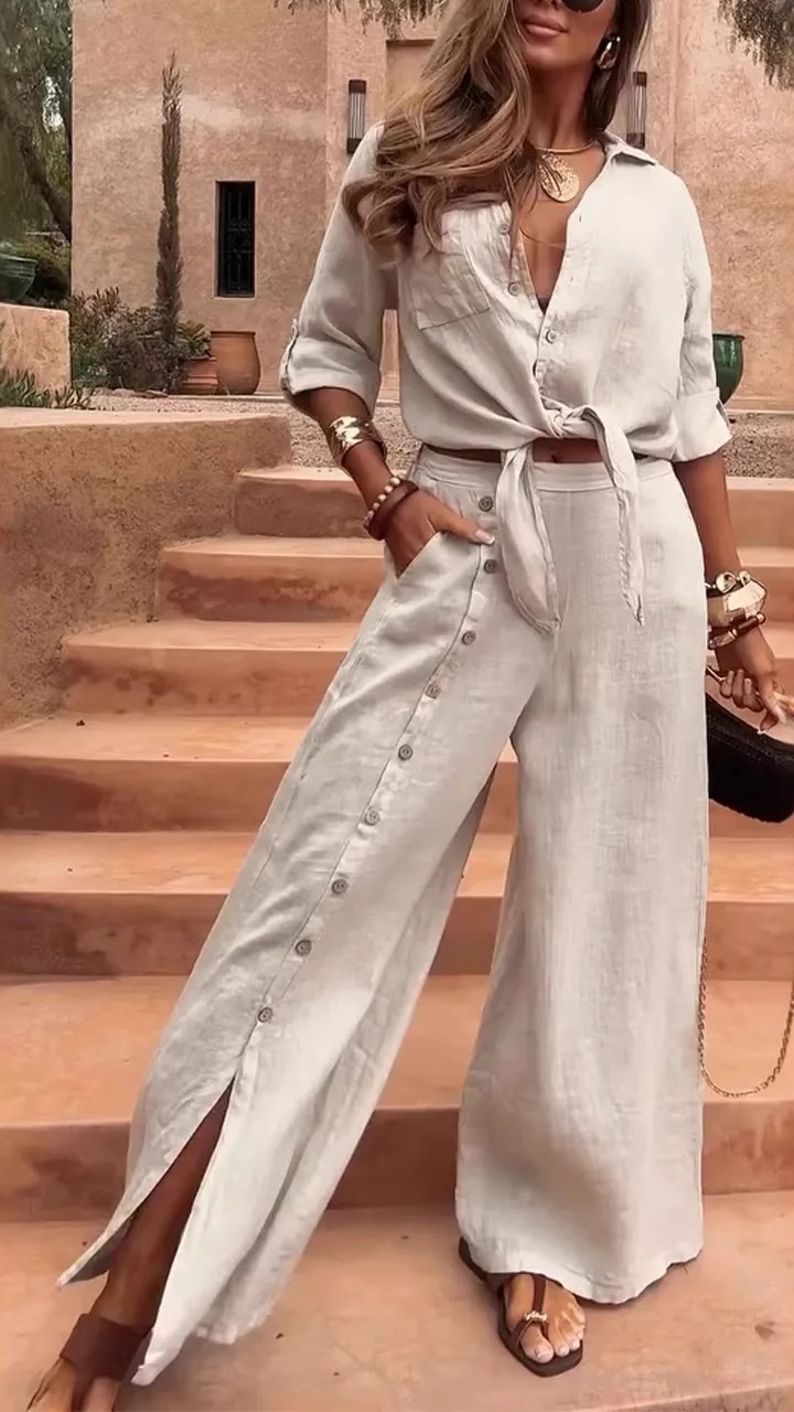 A loose solid color two-piece set with buttons for ladies