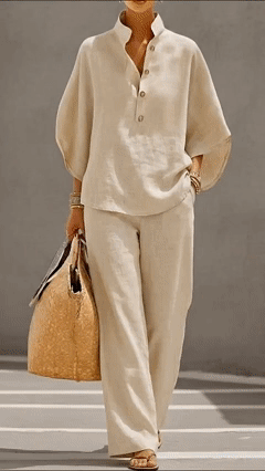 Plus Size Friendly Women’s Batwing Sleeve Linen Cotton Two-Piece Set – Casual Shirt & Wide Leg Pants Outfit