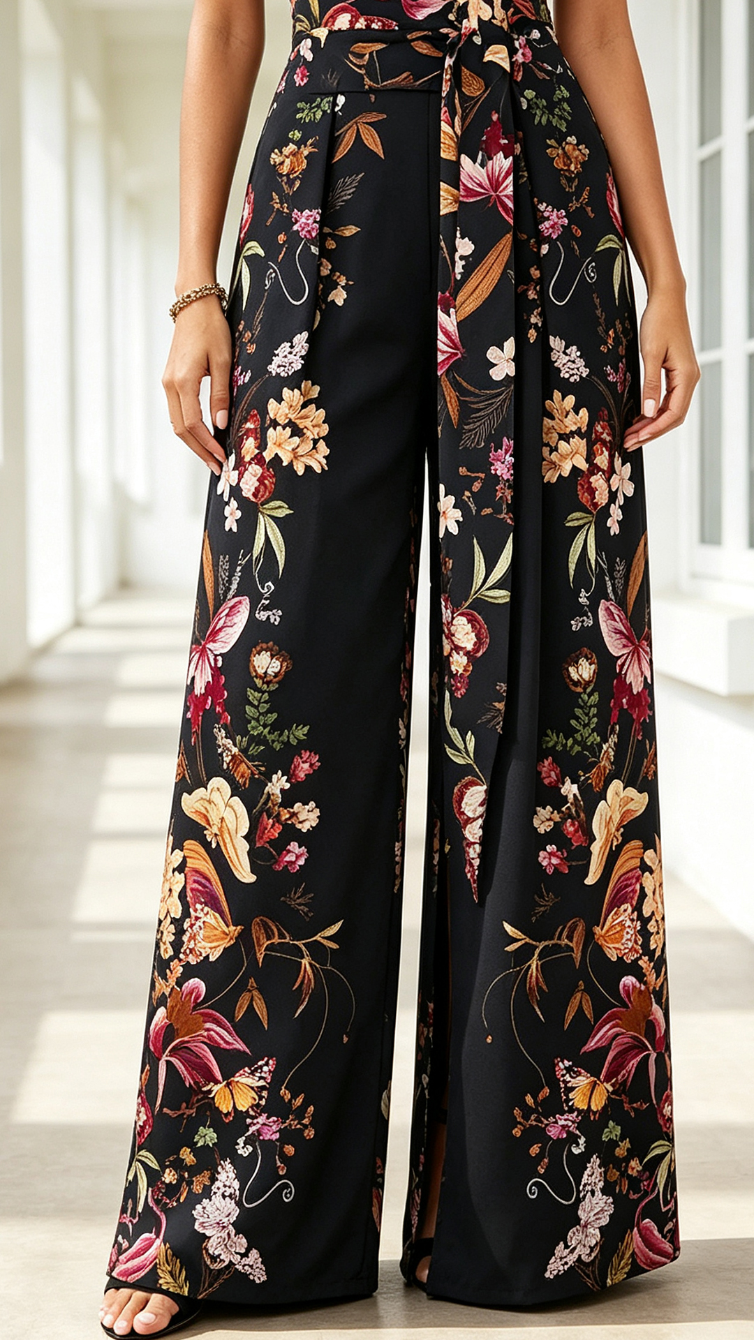 Defined Waist Slimming - Black Butterfly Print Wrinkle-Resistant Wide-Leg Jumpsuit