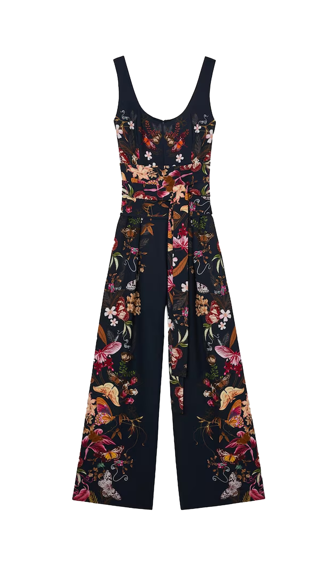 Defined Waist Slimming - Black Butterfly Print Wrinkle-Resistant Wide-Leg Jumpsuit