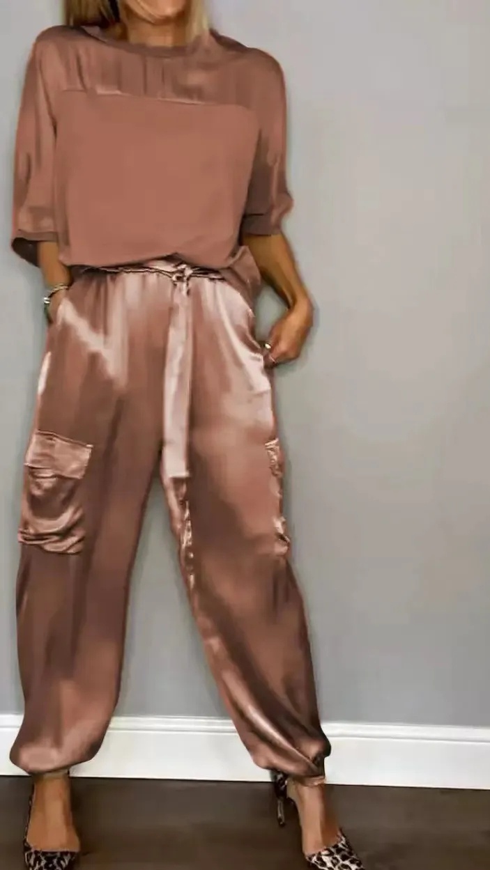 Women's Silky Loose-Fit Top and Pants Two-Piece Set