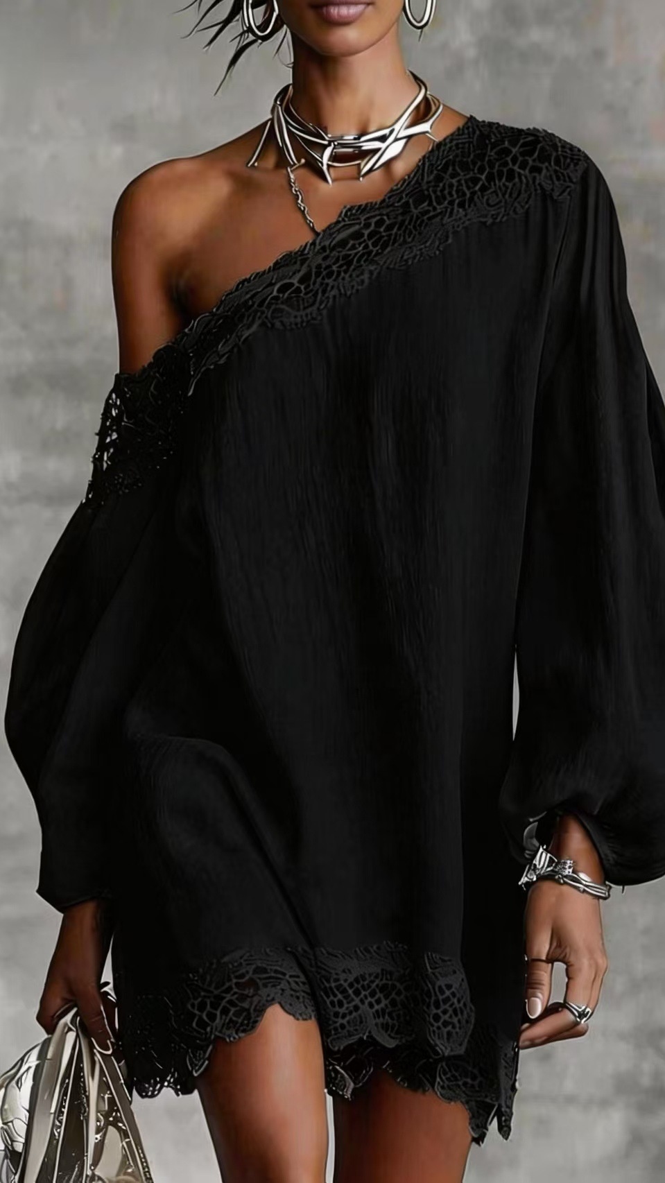 Women's solid color lace trim off-shoulder long-sleeved dress