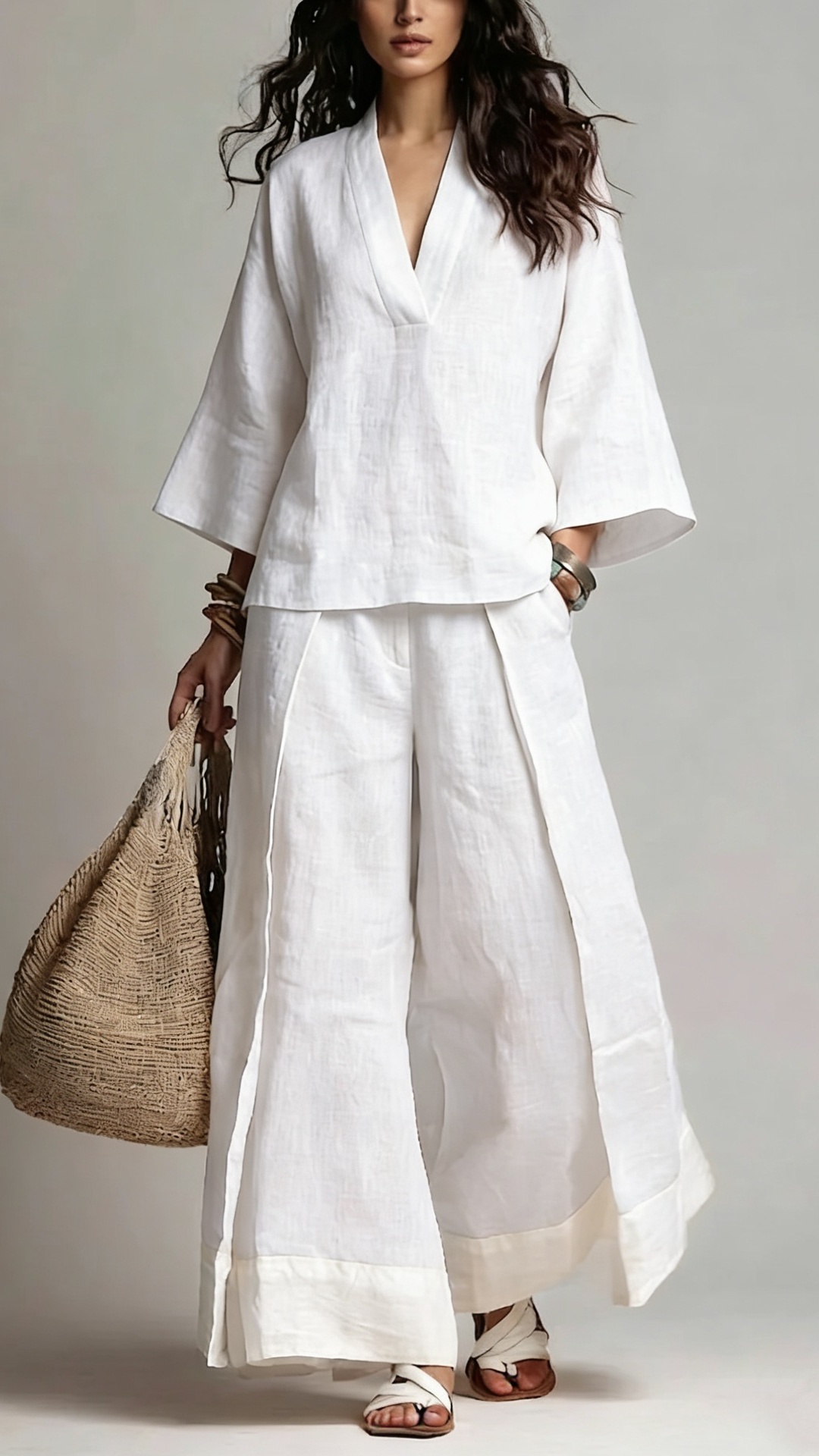 Women's Cotton-Linen French-Style V-Neck 3/4-Sleeve Shirt & Contrast Wide-Leg Pants Set