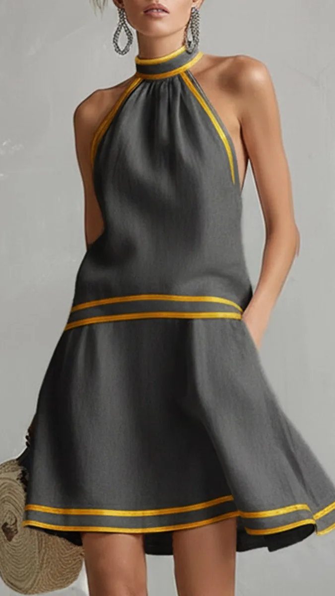 Women's Elegant Color-Block Piped Cotton-Linen Halter Sleeveless Mini Dress