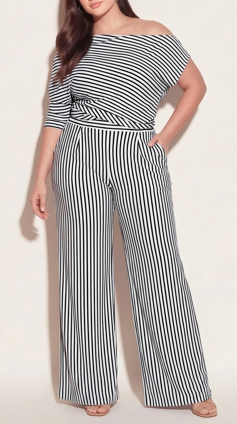 Women's Cotton-Blend Off-Shoulder Striped Wide-Leg Jumpsuit for Resort and City Chic Style