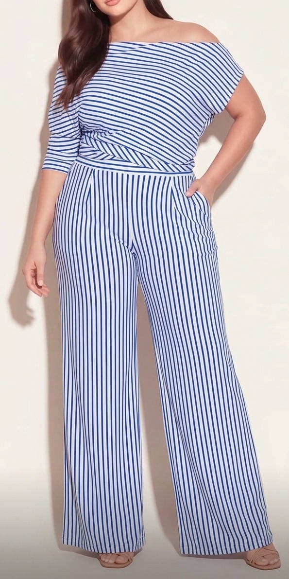 Women's Cotton-Blend Off-Shoulder Striped Wide-Leg Jumpsuit for Resort and City Chic Style