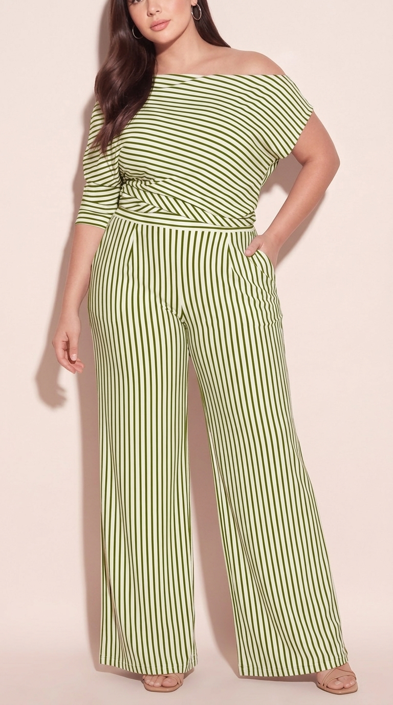 Women's Cotton-Blend Off-Shoulder Striped Wide-Leg Jumpsuit for Resort and City Chic Style