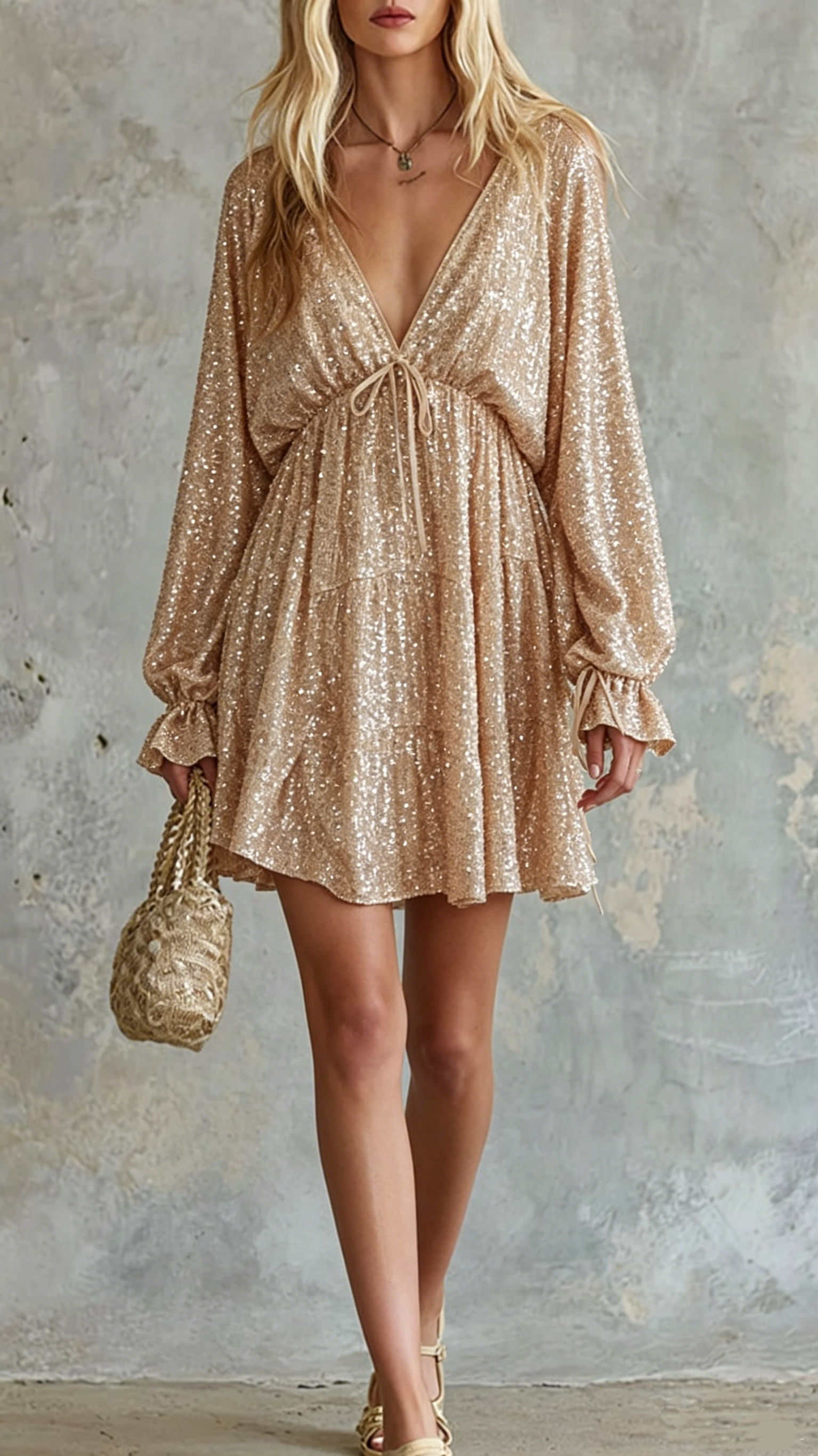 Women's Cotton-Blend Deep V-Neck Sequin Mini Dress for Party Events