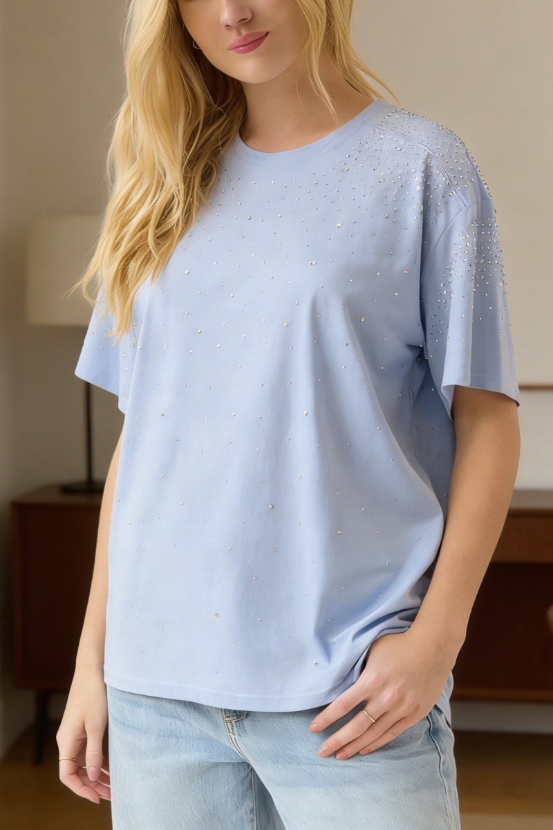 Loose-Fit T-Shirt with Shoulder Panel and Rhinestone Embellishment