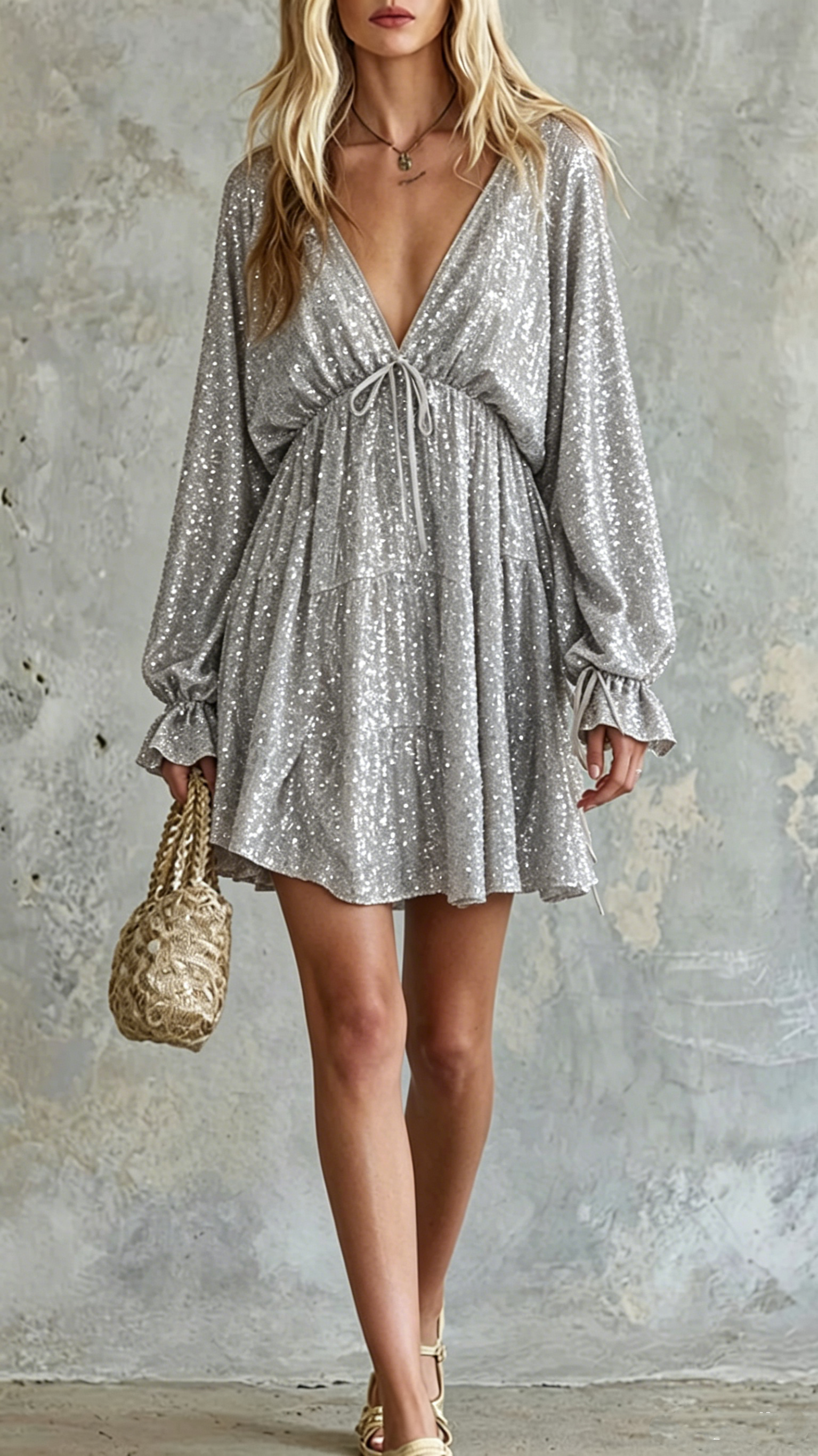 Women's Cotton-Blend Deep V-Neck Sequin Mini Dress for Party Events