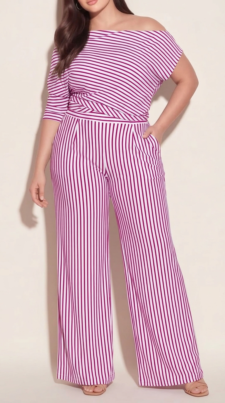 Women's Cotton-Blend Off-Shoulder Striped Wide-Leg Jumpsuit for Resort and City Chic Style