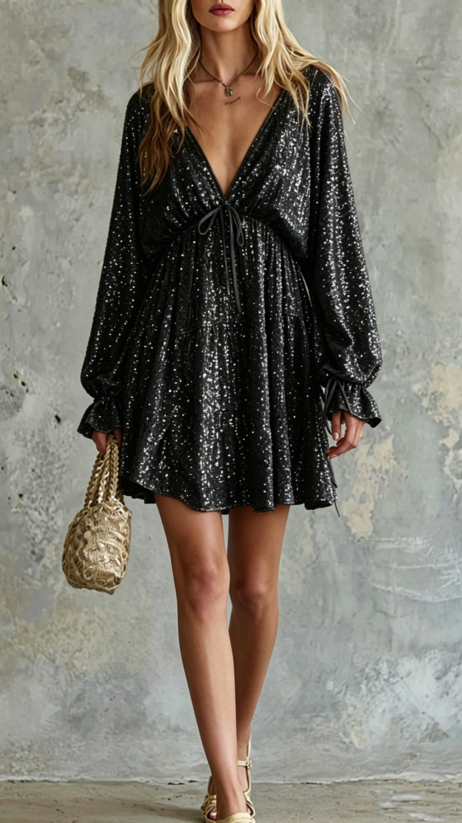 Women's Cotton-Blend Deep V-Neck Sequin Mini Dress for Party Events